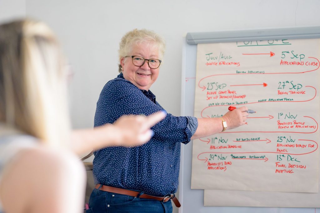 A woman points to a whiteboard displaying a detailed diagram, engaging her audience with visual information.